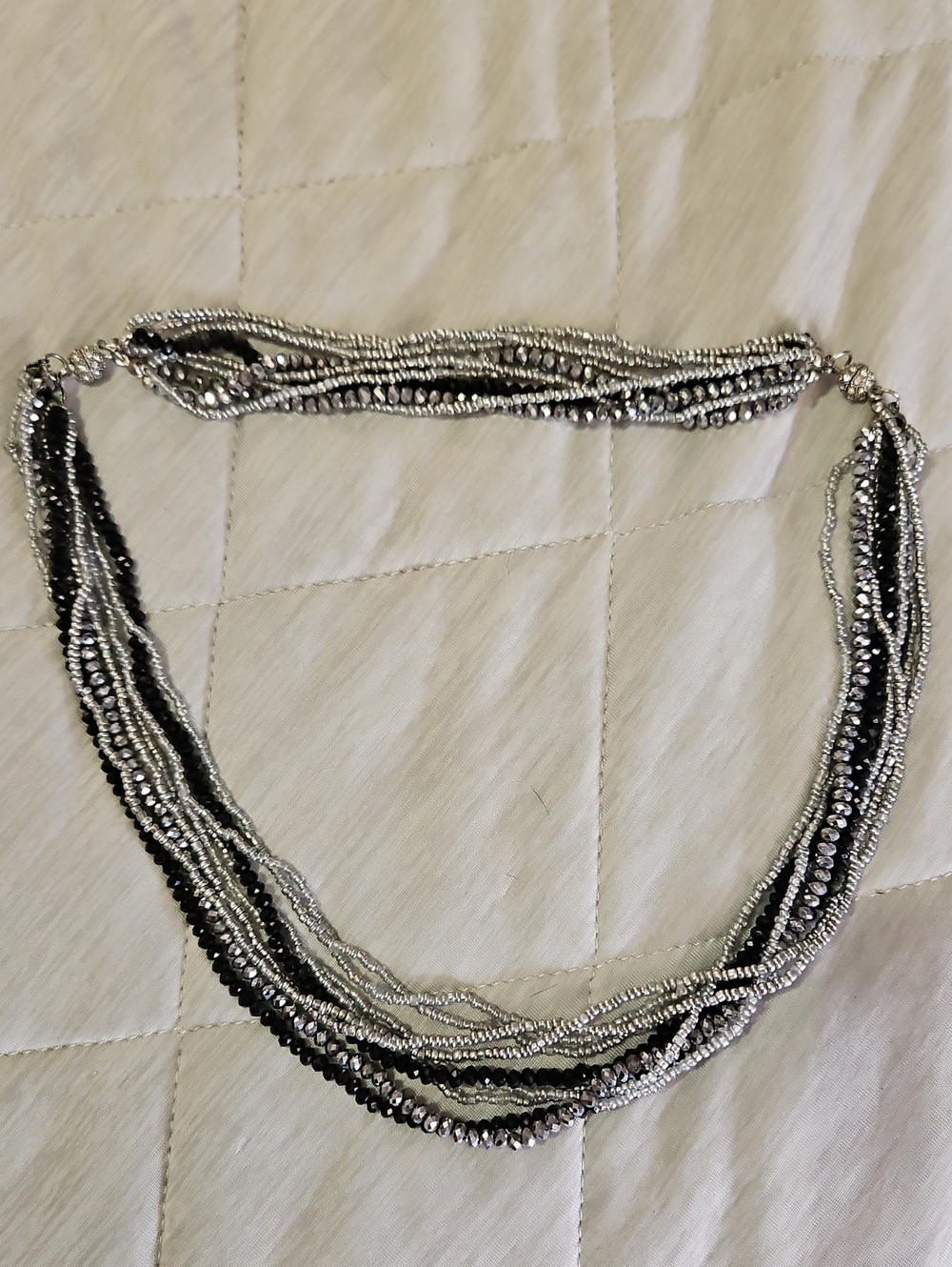 Multi-Strand Silver and Black Beaded Necklace - Women Jewelry
